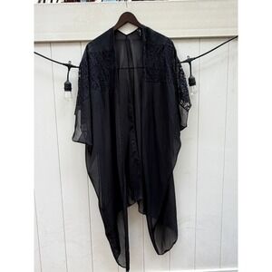 May Pink Black Sheer Kimono Wrap Lace Shoulder Open Front Cardigan Cover Up OS